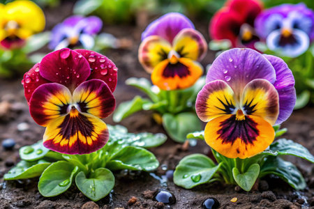 Colorful pansy flowers with water drops on petals in gardenの素材