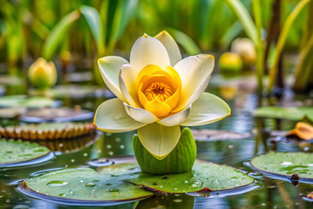 Beautiful yellow water lily flower in the pond with green leavesの素材