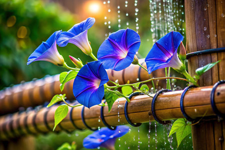 Morning Glory flowers in the garden with rain drops,Thailand.の素材
