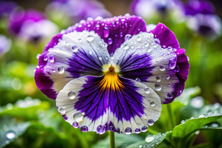 Purple and white pansy flower with water drops on petalsの素材