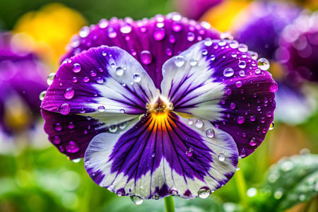 Purple and white pansy flower with water drops on petalsの素材
