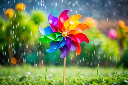 Colorful pinwheel toy in the garden under the rain with copy spaceの素材