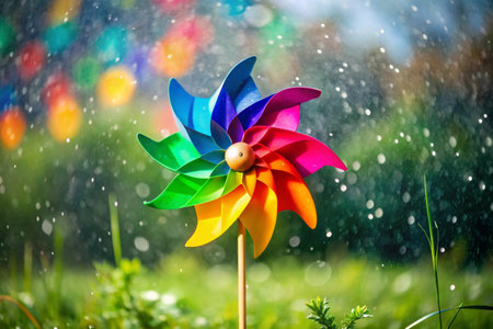 Colorful toy windmill on green grass with raindrops and bokehの素材