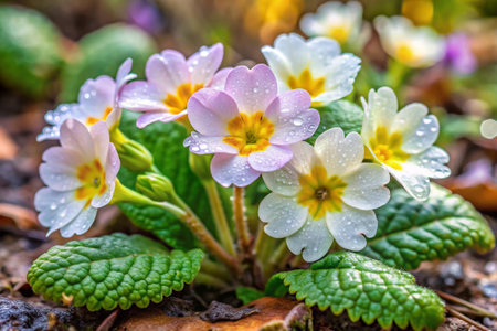 Primrose (Primula vulgaris) flowers with raindrops in springの素材
