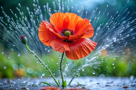 Red poppies on a background of green grass and water dropsの素材