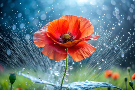 Watering red poppies in the garden with raindrops.の素材