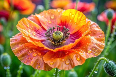 Beautiful red poppy flower with water drops on the petals.の素材