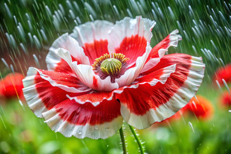 Red and white poppy flower with rain drops in the summer garden.の素材