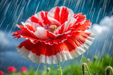 red and white poppies with rain drops in the background.の素材