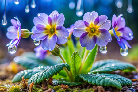 Primrose flowers with raindrops in the forest. Nature background.の素材