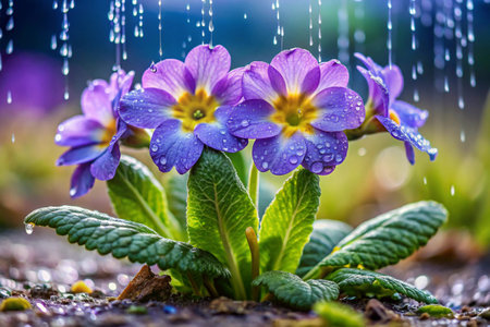 Beautiful purple primula flowers with raindrops on the ground.の素材