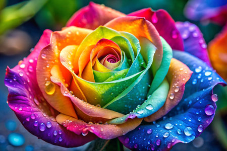 Beautiful multicolored rose with dew drops close-upの素材