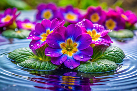Purple primroses with raindrops on the surface of waterの素材