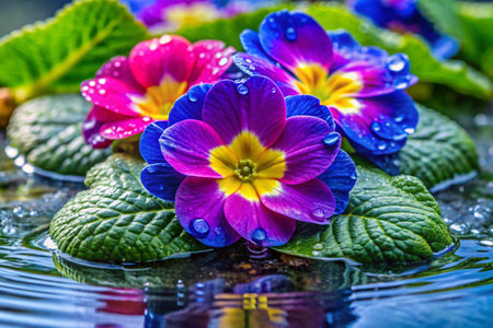 Beautiful colorful primula flowers with water drops on the petalsの素材