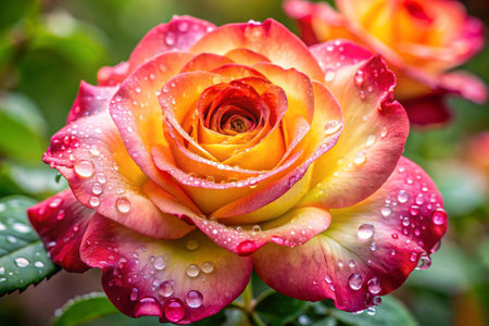 Beautiful yellow rose with water drops on petals after the rainの素材
