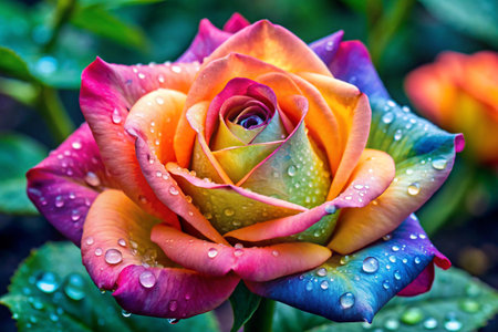 Beautiful colorful rose with water drops on petals in the gardenの素材
