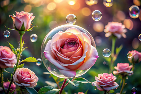 Bouquet of pink roses and soap bubbles on green nature backgroundの素材