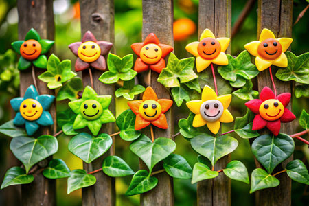 Wooden fence decorated with colorful smiley faces in the garden.の素材