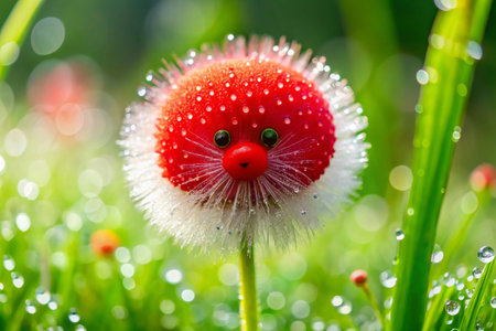 Water droplets on a red flower with a red ladybug.の素材