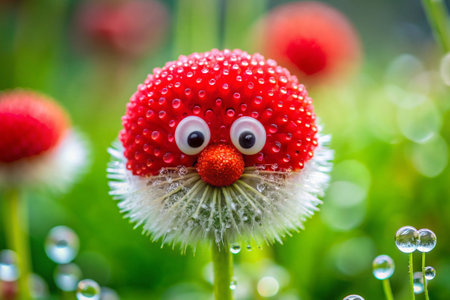 Funny red flower with water drops on green grass in the gardenの素材
