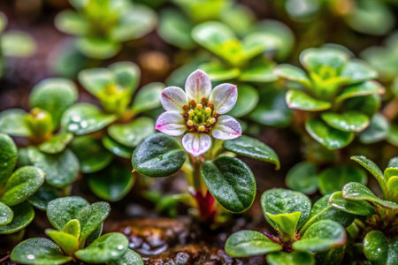 Close up of small green plants with water drops. Natural background.の素材