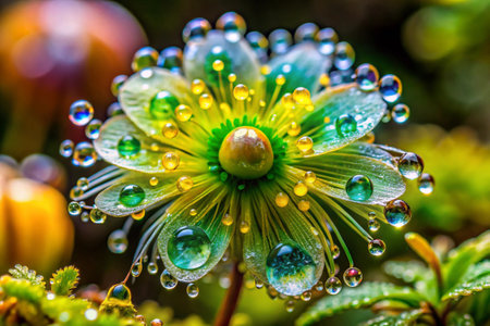 Water drops on a green flower, close-up, macro.の素材