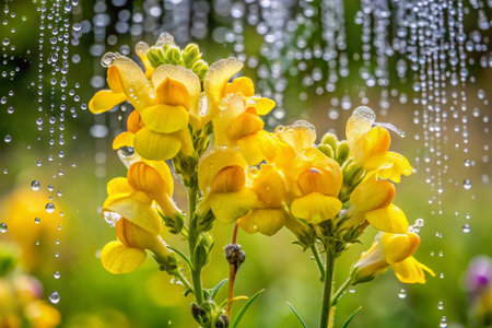 Close up of yellow flowers with raindrops on green nature background.の素材