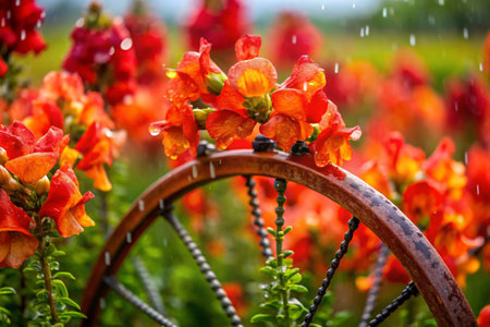 Close up of orange snapdragon flowers with water drops in the gardenの素材