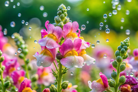 Close up of colorful snapdragons flower with water drops in gardenの素材