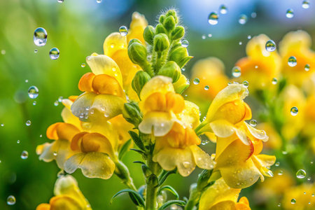 Close up of yellow snapdragon flowers with raindrops on green backgroundの素材