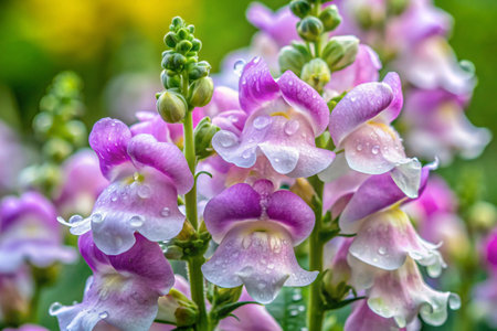 Purple and white snapdragon flowers with water drops after rain.の素材