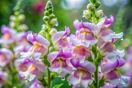 Close up of colorful snapdragon flowers with water drops after rain.の素材