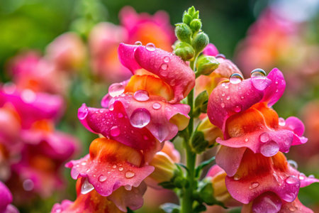 Close up of colorful snapdragon flowers with water drops after rain.の素材
