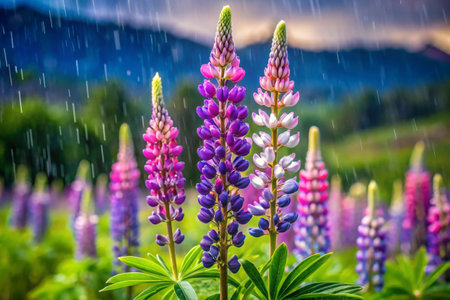 Colorful lupine flowers with rain drops in the mountains.の素材