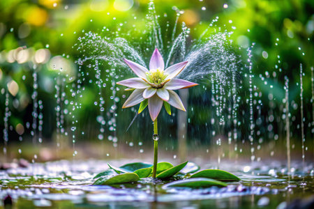 Beautiful lotus flower with water splash in the garden, stock photoの素材