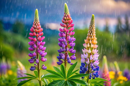 Colorful lupine flowers in the rain. Summer landscape.の素材