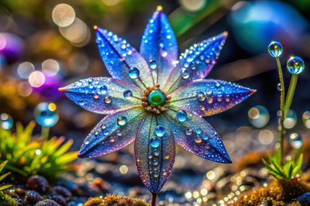 Macro shot of beautiful blue flower with dew drops on itの素材