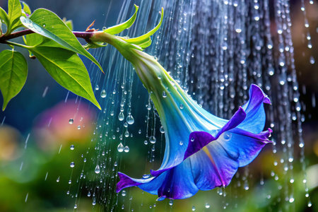 Blue morning glory flower with rain drops on green leaves background in gardenの素材