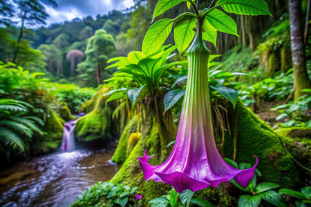 Brugmansia flowers blooming in the rainforest of Hawaiiの素材