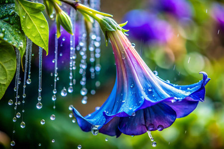 Beautiful blue flower with rain drops on the petals in the gardenの素材