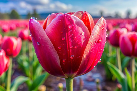 Beautiful tulip field in the Netherlands with dew drops.の素材