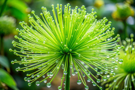 Water drops on a green flower in the garden after the rain.の素材