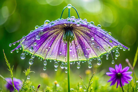 Rain drops on a purple umbrella with purple flowers on a green backgroundの素材
