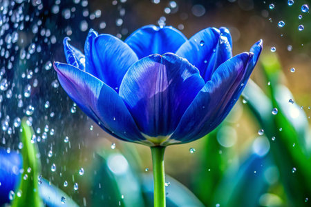 Beautiful blue tulip in the garden with water drops on itの素材