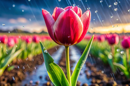 Tulip field in the Netherlands with raindrops on the flowersの素材