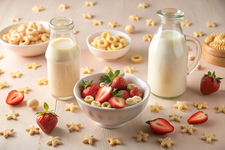 Composition with tasty cereal rings, milk and strawberries on wooden tableの素材