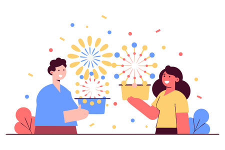 Happy couple celebrating birthday or party with fireworks. Flat vector illustration.のイラスト素材