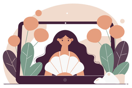 Vector illustration of a girl in a white dress sitting on a laptop with flowers.のイラスト素材