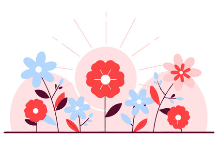 Flowers vector illustration. Floral background with sun and flowers.のイラスト素材