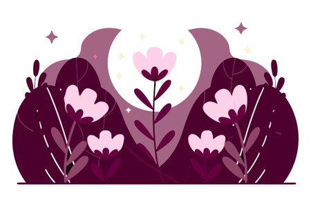 Vector illustration of a flat style with pink flowers, moon and stars.のイラスト素材
